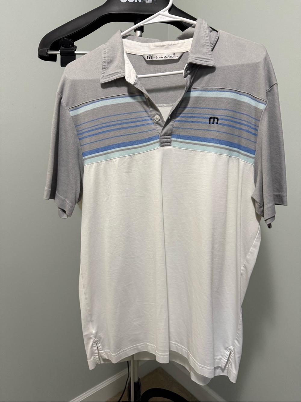 Travis Mathew Gray, White & Blue Striped Polo